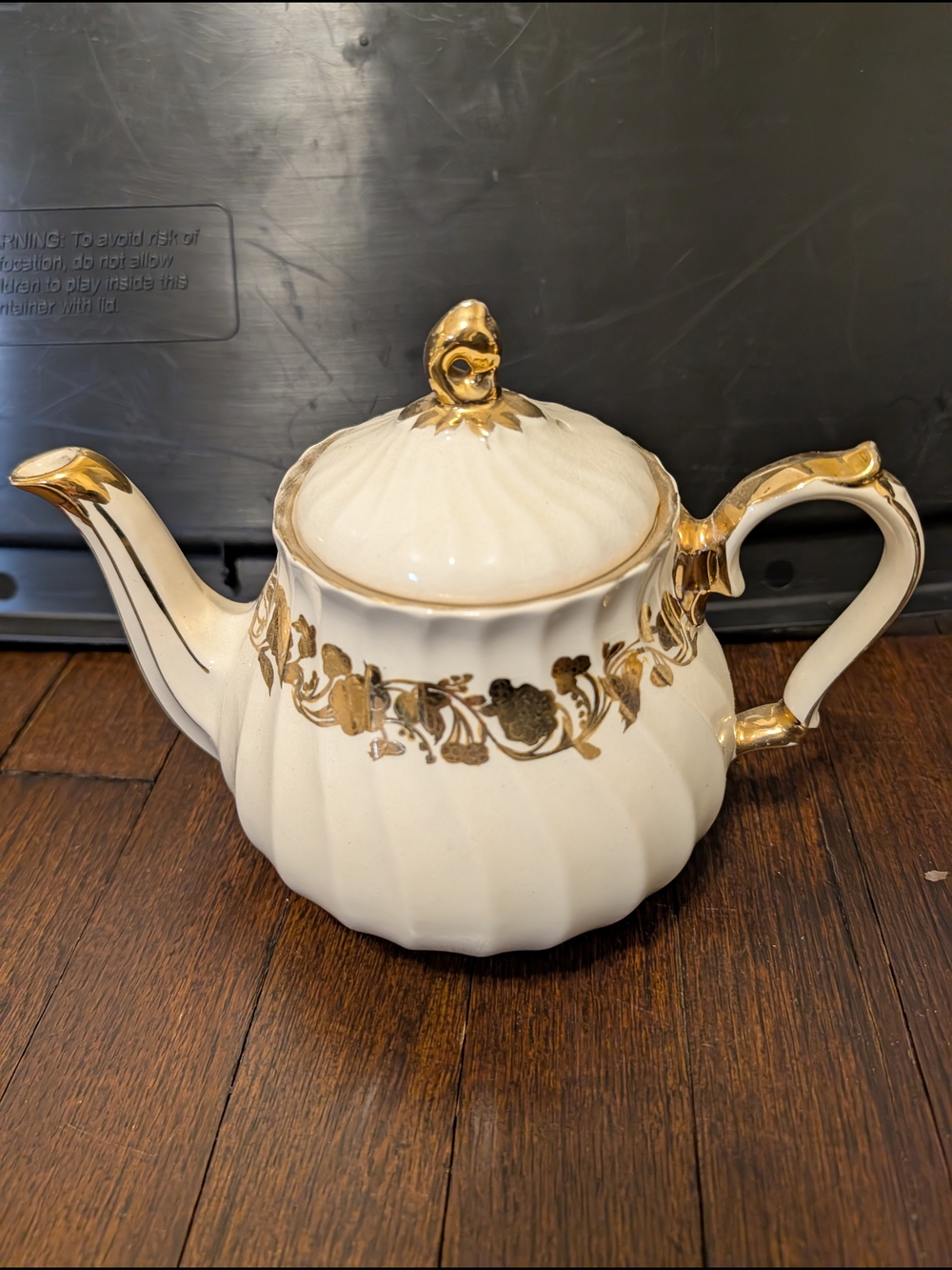 Sadler England Cream and Gold Porcelain Teapot with Ornate Gold Trim